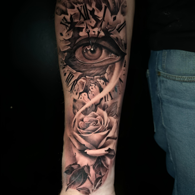 Œil et roses en noir et gris sur l'avant-bras