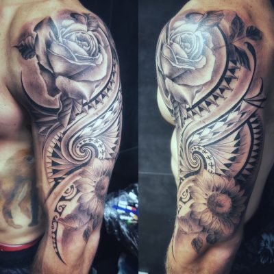 Manche, roses et ornements en noir et gris