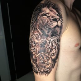 Lion et roses en noir et gris sur l'épaule, vue de face