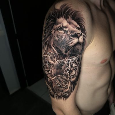 Lion en noir et gris, réalisme sur l'épaule