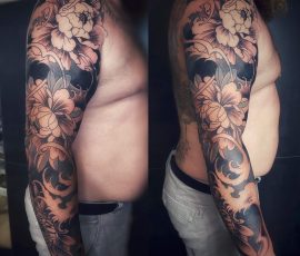 Manche japonaise, pivoines en noir et gris