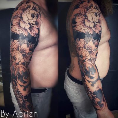 Manche japonaise, pivoines en noir et gris